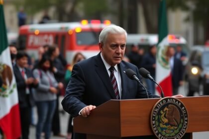 A photo of the Mexican president leaving the podium during a press conference as a 6.5-magnitude earthquake strikes the country, with a subtle background of people evacuating and emergency services responding.