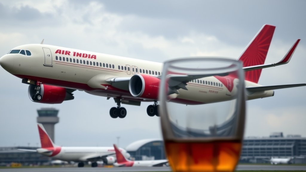A photo of an Air India plane taking off or landing at a Canadian airport, with a subtle hint of a pilot in the cockpit, and a glass of alcohol in the foreground, to represent the incident.