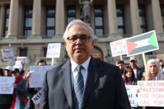 A photo of New York City Mayor Zohran Mamdani standing in front of the New York City Hall, with a background of protesters holding signs related to the Israel-Palestine conflict