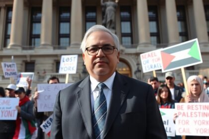 A photo of New York City Mayor Zohran Mamdani standing in front of the New York City Hall, with a background of protesters holding signs related to the Israel-Palestine conflict