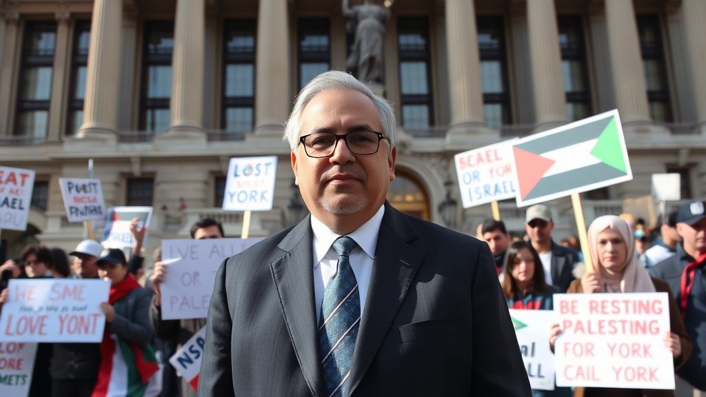 A photo of New York City Mayor Zohran Mamdani standing in front of the New York City Hall, with a background of protesters holding signs related to the Israel-Palestine conflict