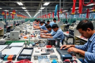 An image of a modern electronics manufacturing plant in India with workers assembling circuit boards and other electronic components, with a background of a cityscape or a map of India.