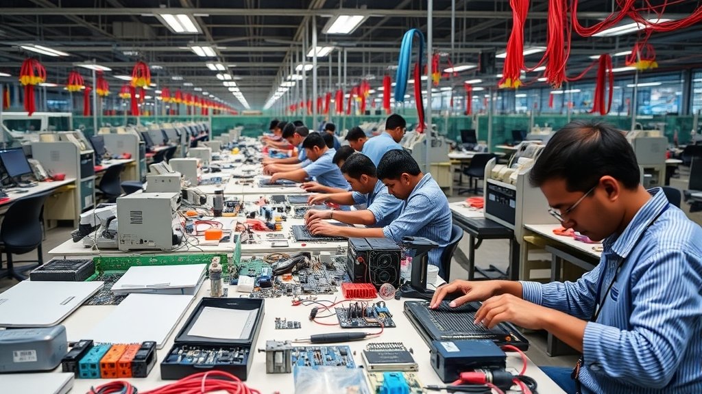 An image of a modern electronics manufacturing plant in India with workers assembling circuit boards and other electronic components, with a background of a cityscape or a map of India.