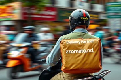 A photo of a Zomato delivery partner riding a scooter, with a blurred background of a busy Indian street, conveying a sense of urgency and speed.