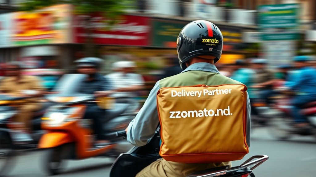 A photo of a Zomato delivery partner riding a scooter, with a blurred background of a busy Indian street, conveying a sense of urgency and speed.