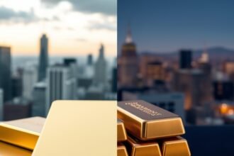 A split image of gold and silver bars with a cityscape in the background, symbolizing investment and finance.