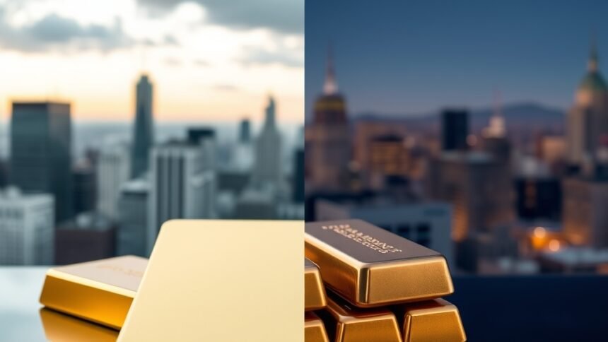 A split image of gold and silver bars with a cityscape in the background, symbolizing investment and finance.