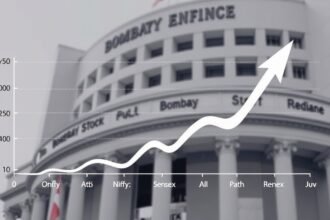 A graph showing the growth of the Indian stock market with the Nifty50 and Sensex indices, along with a background image of the Bombay Stock Exchange building.