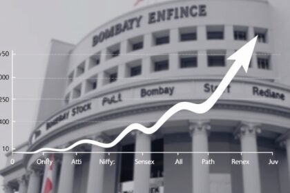 A graph showing the growth of the Indian stock market with the Nifty50 and Sensex indices, along with a background image of the Bombay Stock Exchange building.
