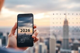 A high-quality image of a person holding a smartphone with a cityscape in the background, with a faint image of a calendar showing January 2026.