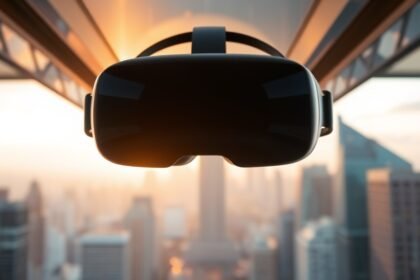 A photo of the Apple Vision Pro headset with a cityscape in the background, symbolizing the intersection of technology and everyday life.