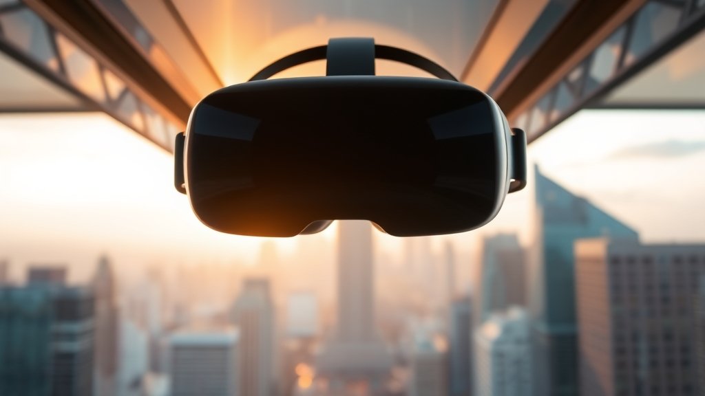 A photo of the Apple Vision Pro headset with a cityscape in the background, symbolizing the intersection of technology and everyday life.