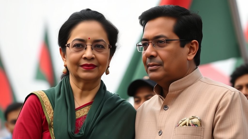 A photo of Khaleda Zia with her son Tarique Rahman, with a subtle background of the Bangladeshi flag and a hint of a political rally or gathering.