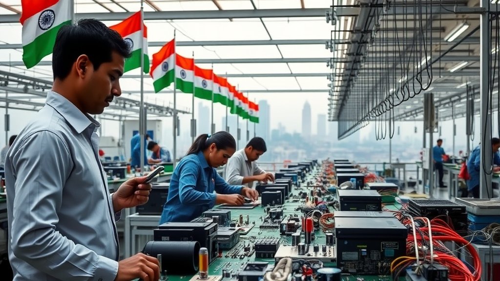 An image of a modern electronics manufacturing facility in India, with workers assembling electronic components on a production line, with a backdrop of Indian flags and a cityscape.
