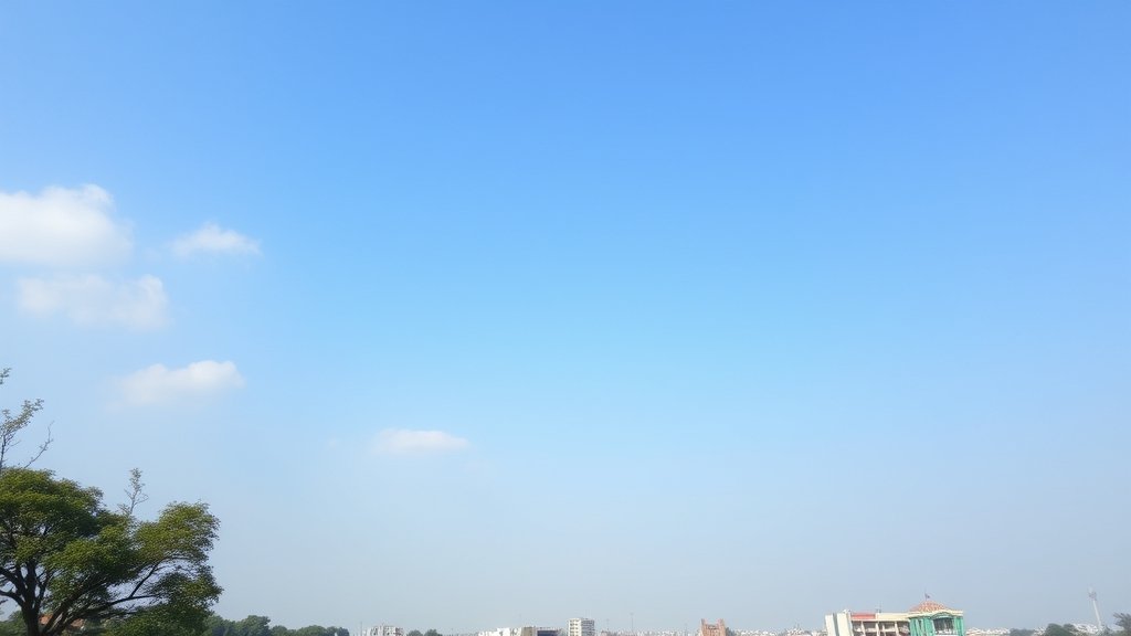 A photo of a clear blue sky with a few clouds, with the Delhi cityscape in the foreground, symbolizing improved air quality.
