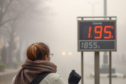 A photo of a person wearing a scarf and gloves, walking in a foggy street in Delhi with a temperature display board in the background showing a low temperature.
