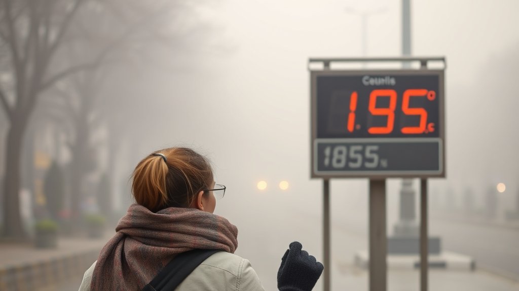 A photo of a person wearing a scarf and gloves, walking in a foggy street in Delhi with a temperature display board in the background showing a low temperature.