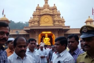 A photo of the Sabarimala temple with a golden idol in the background, surrounded by politicians and police officers, with a subtle hint of controversy and tension in the air.