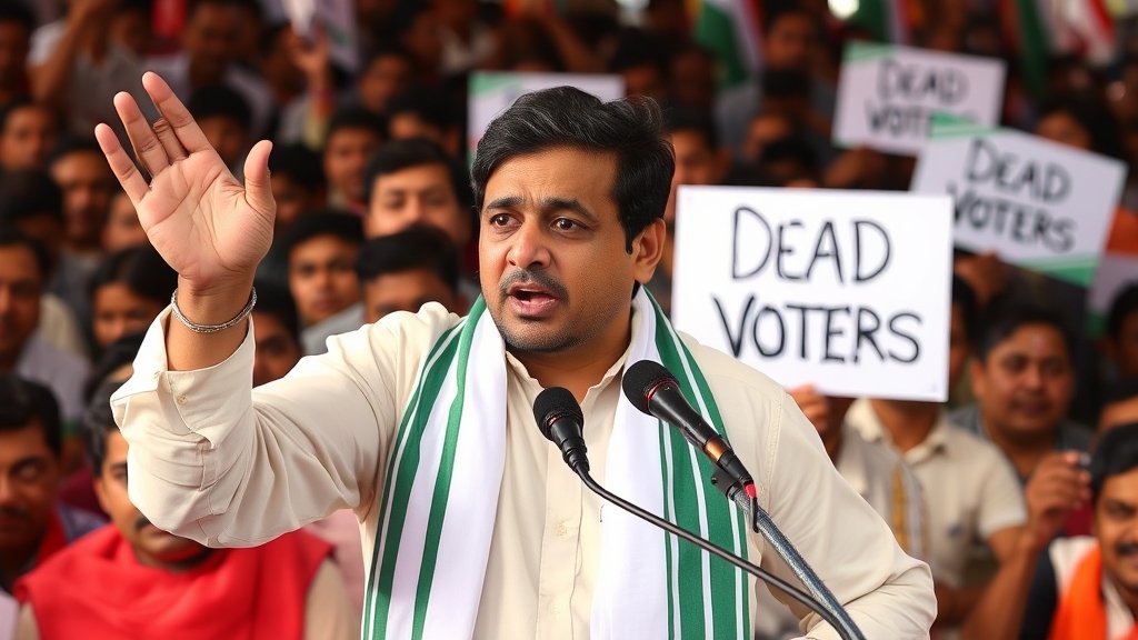 A photo of Abhishek Banerjee speaking at a TMC rally with a crowd of people in the background, with a few people holding signs that say "Dead Voters".