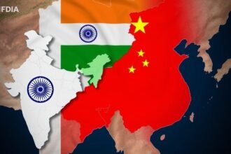 A map of the India-Pakistan border with a Chinese flag in the background, symbolizing China's claim of mediation in Operation Sindoor