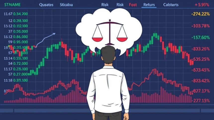 An illustration of a person standing in front of a stock market screen with a mix of positive and negative trend lines, with a thought bubble showing a balance scale weighing risk and return.
