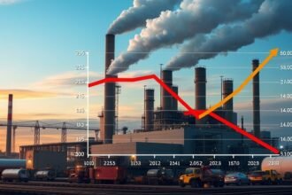 An image of a factory with a graph showing a decline in manufacturing activity in the background