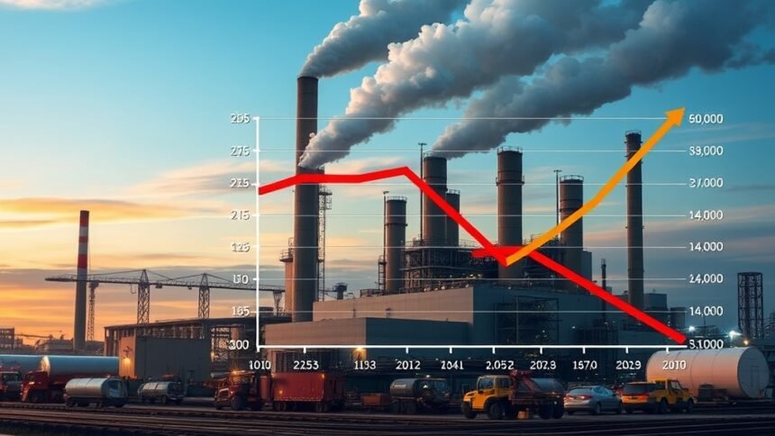 An image of a factory with a graph showing a decline in manufacturing activity in the background