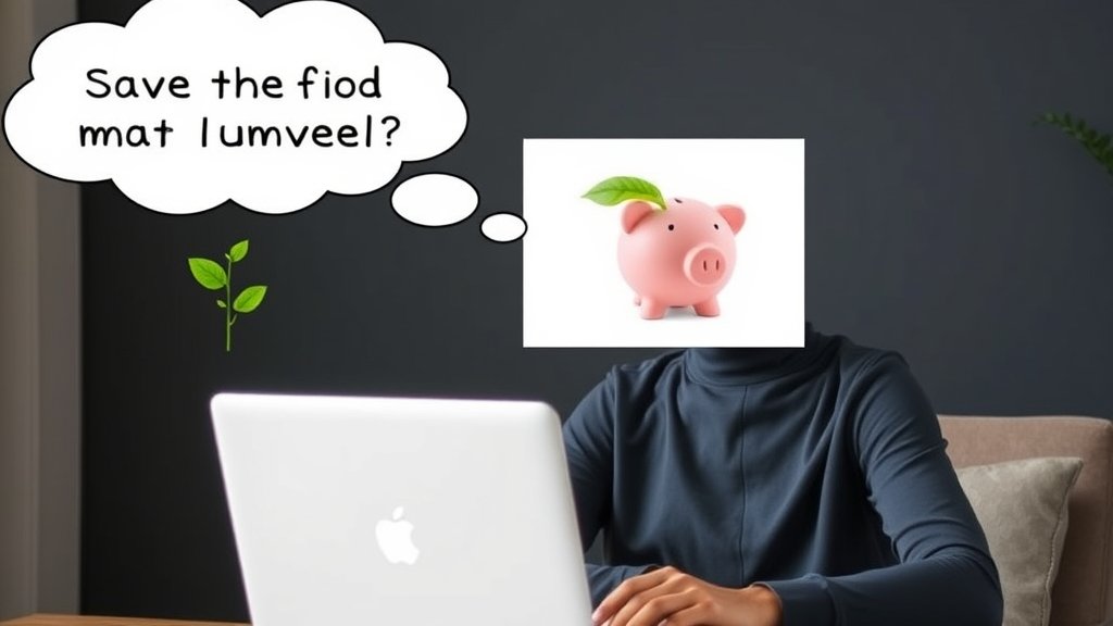 A photo of a person sitting in front of a laptop with a thought bubble, with a picture of a piggy bank and a growing plant in the background, symbolizing saving and growing wealth.