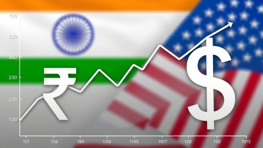 A graph showing the fluctuation of the Indian rupee against the US dollar, with a subtle background image of the Indian flag and the US flag, symbolizing the currency exchange between the two countries.