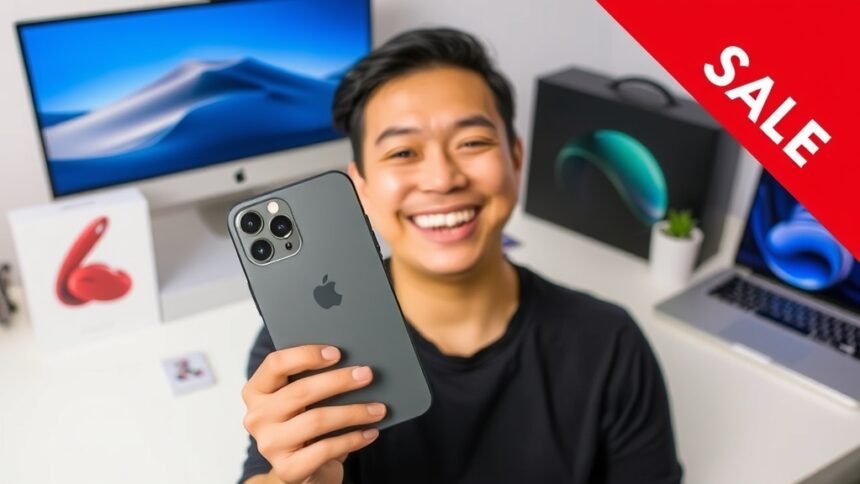 A person holding an iPhone 17 Pro Max with a big smile, with a MacBook and other Apple products in the background, and a red sale tag on the corner of the image.
