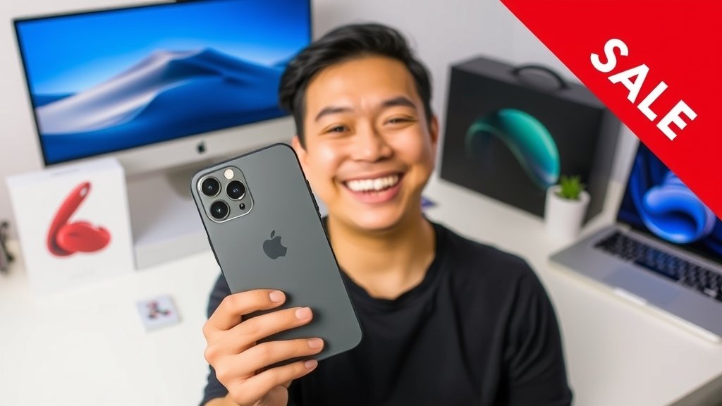 A person holding an iPhone 17 Pro Max with a big smile, with a MacBook and other Apple products in the background, and a red sale tag on the corner of the image.