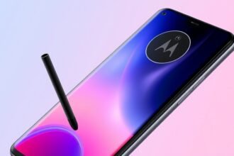 A high-quality image of the new Motorola flagship phone with a stylus, showcasing its sleek design and advanced features.