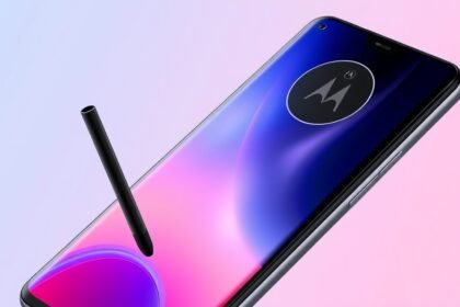 A high-quality image of the new Motorola flagship phone with a stylus, showcasing its sleek design and advanced features.