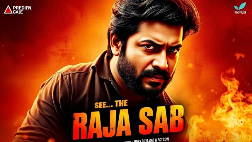 A movie poster with Prabhas in the lead role, with a horror-comedy theme and a prominent display of the film's title, "The Raja Saab"