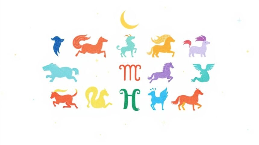 A serene and colorful illustration of the twelve zodiac signs with a subtle background of stars and a crescent moon, symbolizing the beginning of a new year and the promise of fresh energy and possibilities.
