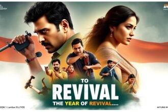 A movie poster showcasing a mix of action, drama, and romance, with a subtle background of the Indian flag and a tagline that reads "The Year of Revival"