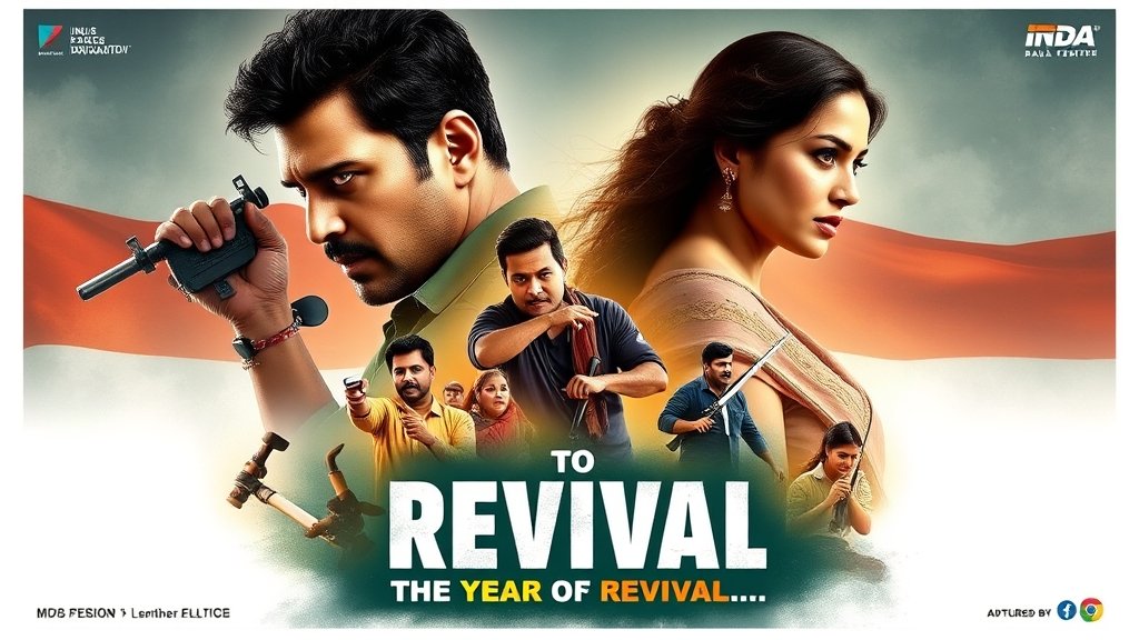 A movie poster showcasing a mix of action, drama, and romance, with a subtle background of the Indian flag and a tagline that reads "The Year of Revival"