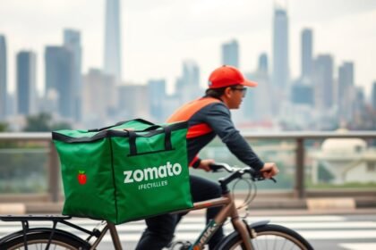 A photo of a Zomato delivery partner riding a bike with a Zomato bag, with a cityscape in the background, highlighting the gig economy and food delivery industry