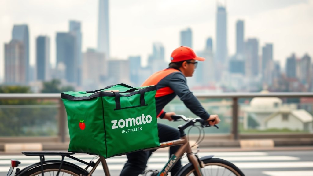 A photo of a Zomato delivery partner riding a bike with a Zomato bag, with a cityscape in the background, highlighting the gig economy and food delivery industry