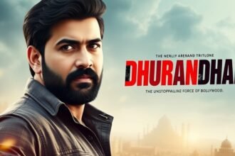 A poster of the movie Dhurandhar with Ranveer Singh in the lead role, with a background of a cityscape and a tagline that reads "The unstoppable force of Bollywood"