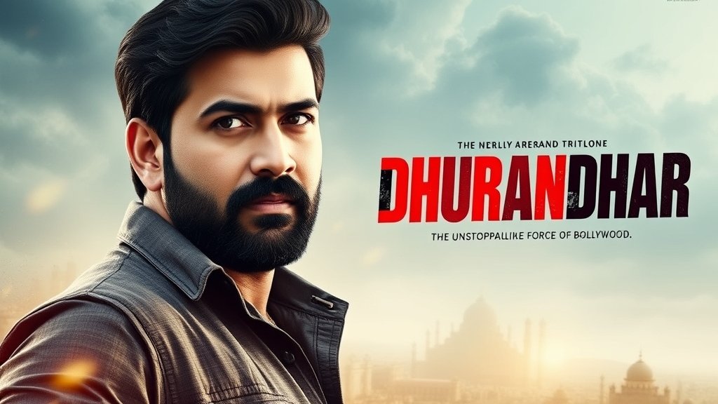A poster of the movie Dhurandhar with Ranveer Singh in the lead role, with a background of a cityscape and a tagline that reads "The unstoppable force of Bollywood"