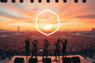 A high-energy image of BTS performing on stage with a huge crowd in the background, with a cityscape at sunset, and the band's logo prominently displayed.
