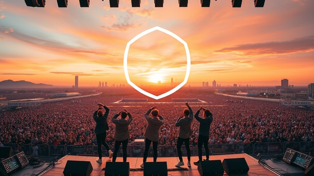 A high-energy image of BTS performing on stage with a huge crowd in the background, with a cityscape at sunset, and the band's logo prominently displayed.