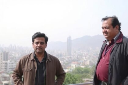 A photo of Akshaye Khanna and Mukesh Chhabra on the sets of Dhurandhar, with a cityscape in the background