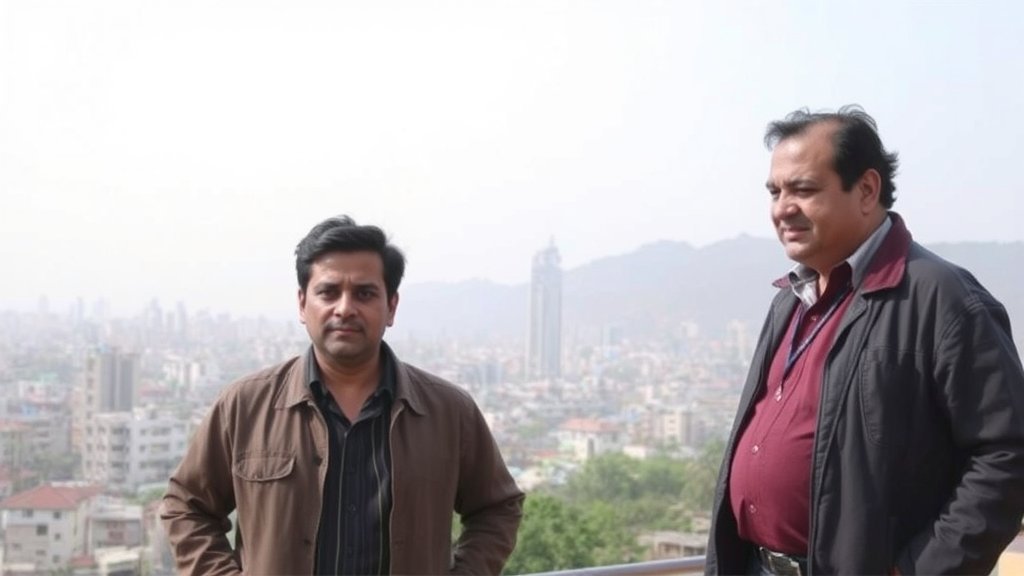 A photo of Akshaye Khanna and Mukesh Chhabra on the sets of Dhurandhar, with a cityscape in the background