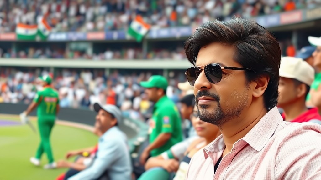 A photo of Shah Rukh Khan attending a cricket match, with a Bangladeshi cricketer in the background, and a mix of Indian and Bangladeshi fans in the stadium, highlighting the diversity and excitement of the sport.