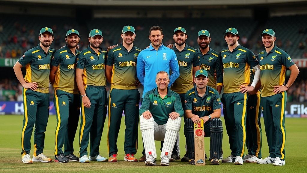 A photo of the South African cricket team posing together with their coach and captain, with a stadium or cricket field in the background, highlighting their determination and teamwork.