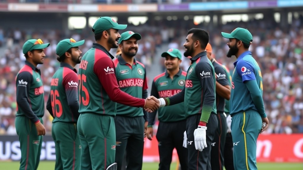 A photo of the Bangladesh cricket team and the Indian cricket team shaking hands before a match, with a packed stadium in the background.