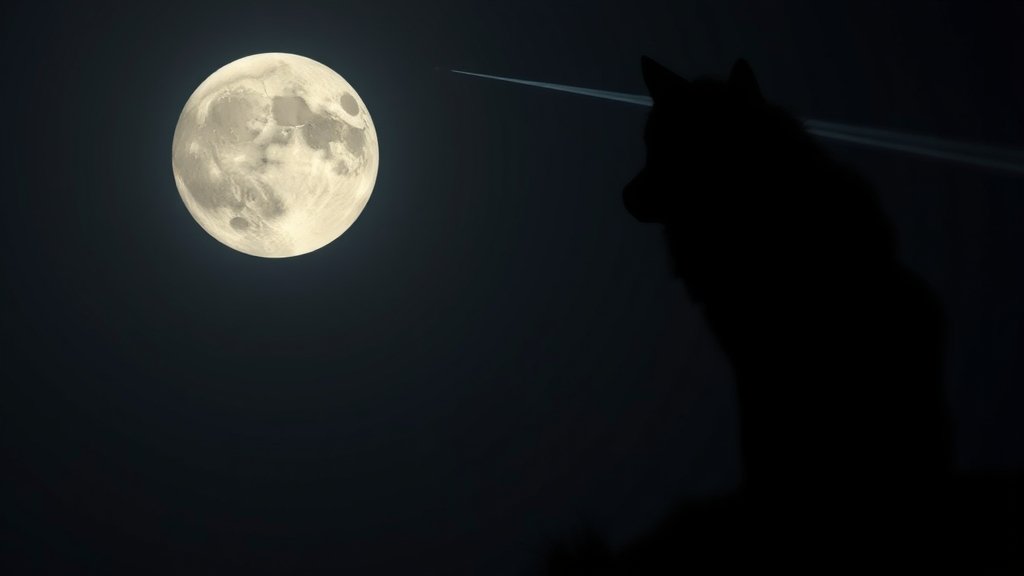 A high-resolution image of the full moon in the night sky with a wolf silhouette in the foreground, with a subtle meteor trail in the background.