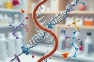 An illustration of a double helix DNA molecule with a four-stranded DNA knot, surrounded by proteins and other molecular structures, with a subtle background of a laboratory or a molecular model.